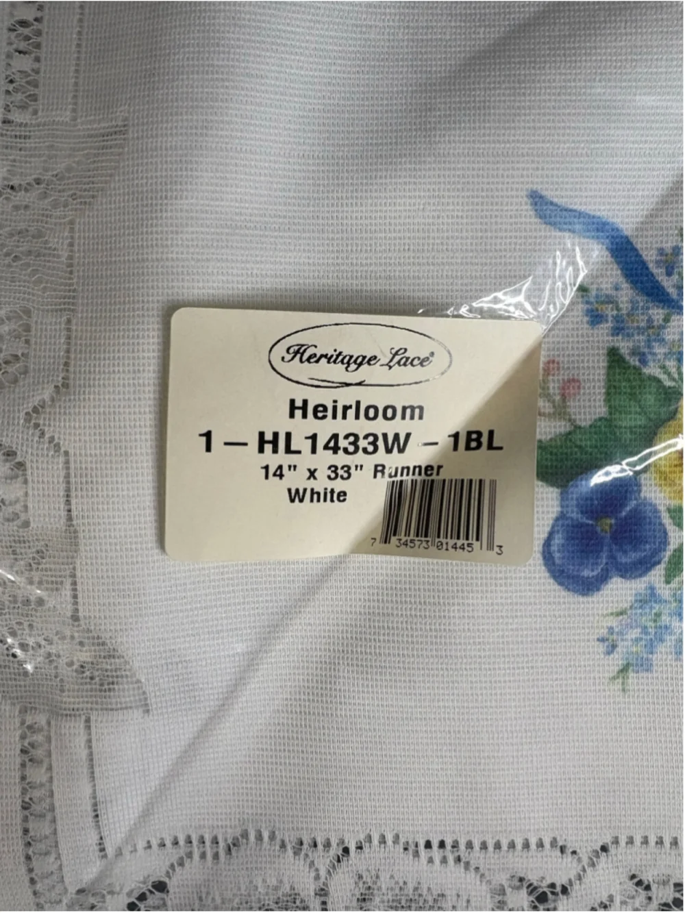 Heritage Lace Table Runner 14x33 White Blue Floral
